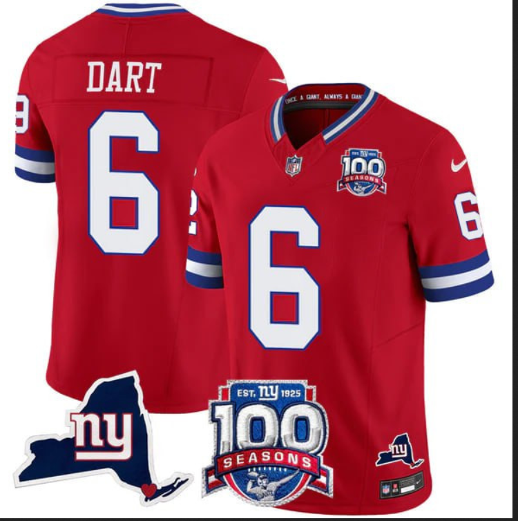 Men New York Giants 6 Jaxson Dart 100th Season State Patch Vapor red Limited Jersey